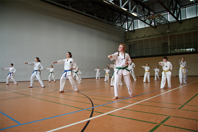 Taekwondo-Training für Kinder und Jugendliche in der Trainingshalle Bad Tölz mit Formenlauf in der Gruppe