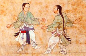 Koreanisches Gemälde Dae-Kwae-Do mit zwei Kämpfern
