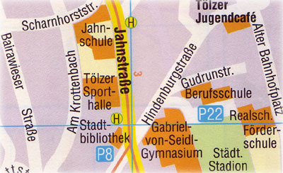 Stadtplan von Bad
        Tölz mit einem Kartenausschnitt der Gegend um die Jahnschule und
        das Gabriel-Seidel-Gymnasium